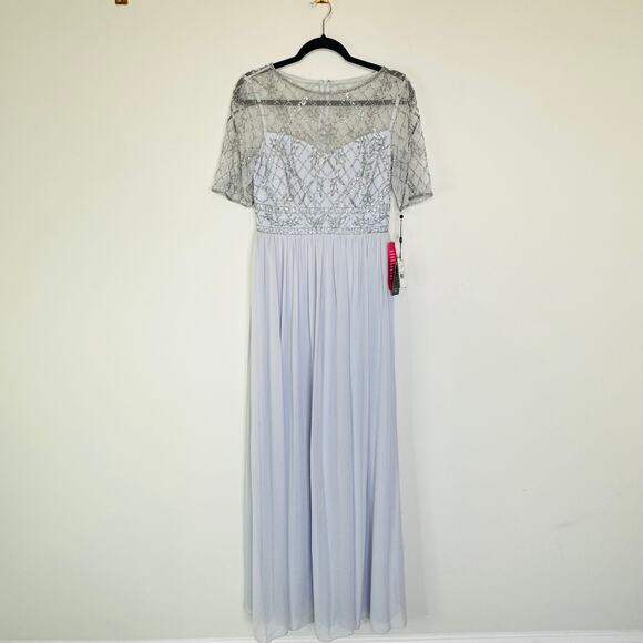 NEW Adrianna Papell Beaded Mesh Chiffon Gown in the Color Sernenity - Picture 2 of 10